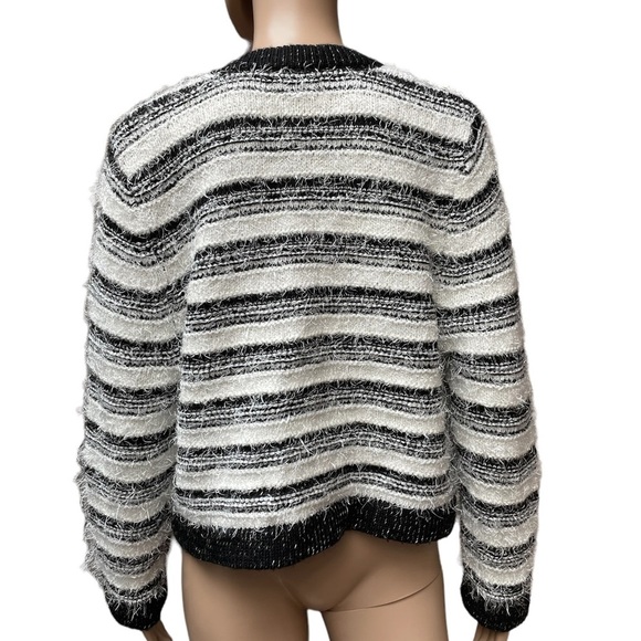 Calvin Klein black white striped eyelash fuzzy knit cropped open cardigan large - Picture 4 of 12